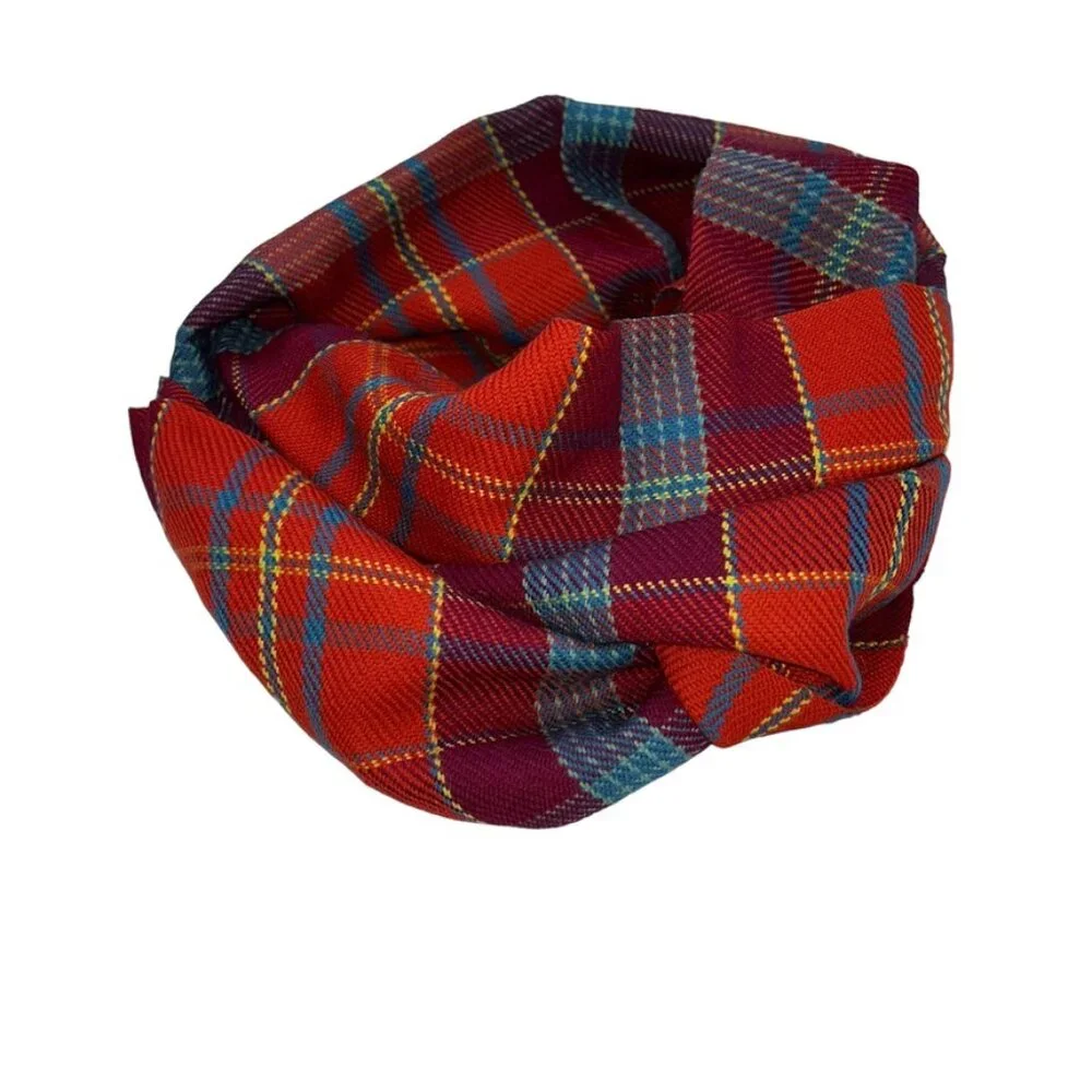 Burnished Orange red wool vintage plaid scarf 63x13